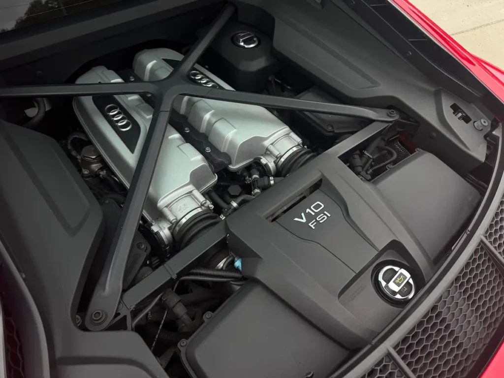 2018 Audi R8 V10 engine bay featuring the naturally aspirated 5.2L FSI V10 powertrain.