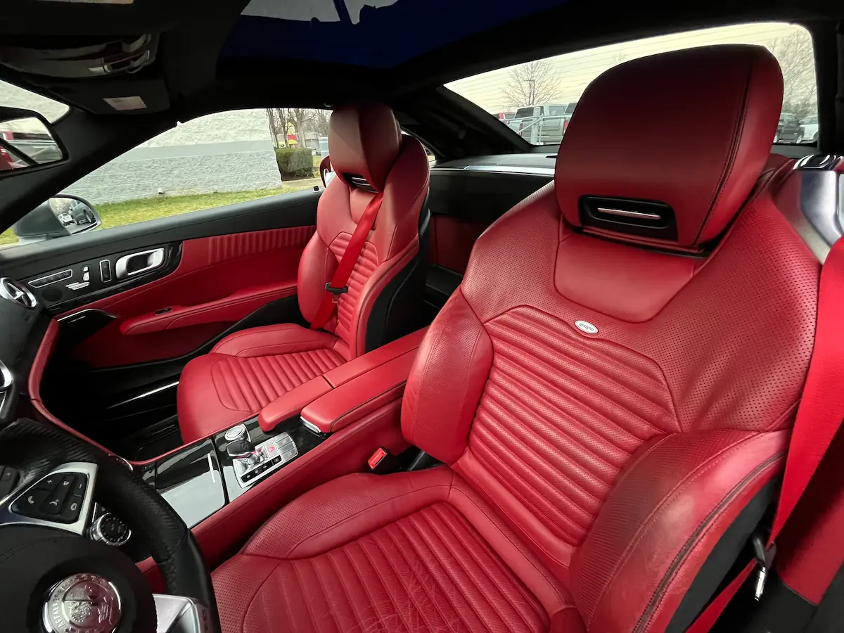 Red leather seats and cabin of a 2019 Mercedes-Benz SL550