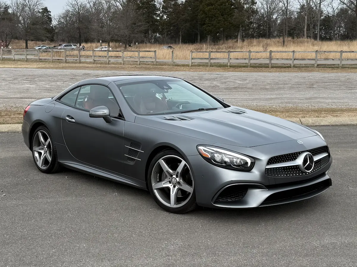 Gray 2019 Mercedes-Benz SL550 with retractable hardtop raised