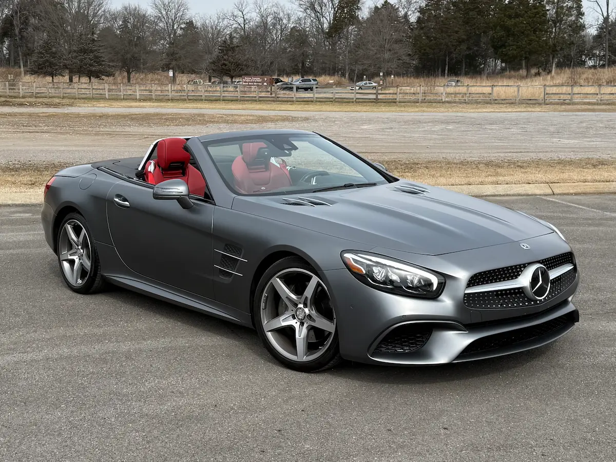 Gray 2019 Mercedes-Benz SL550 roadster with retractable hardtop open