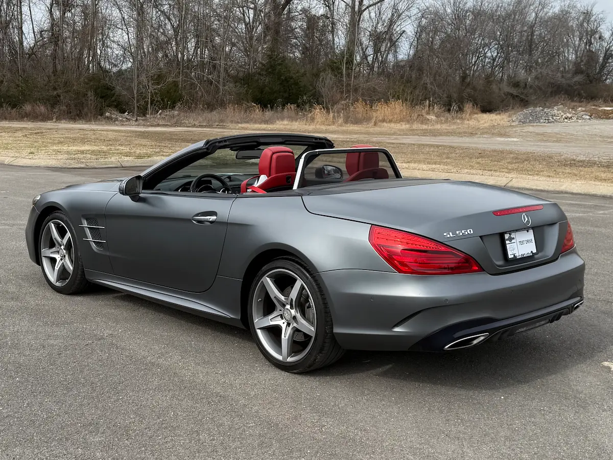 Gray 2019 Mercedes-Benz SL550 convertible with roof lowered
