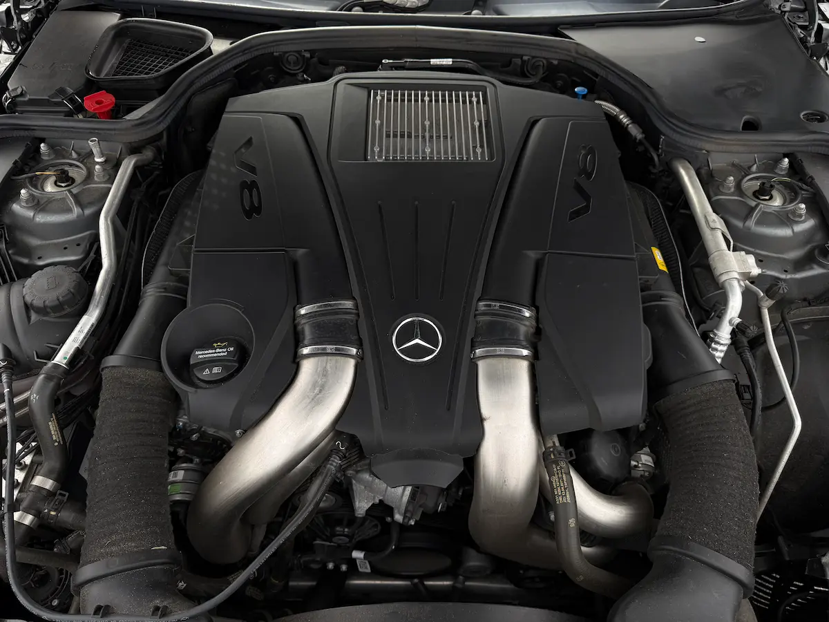 Twin-turbo V8 engine bay of a 2019 Mercedes-Benz SL550