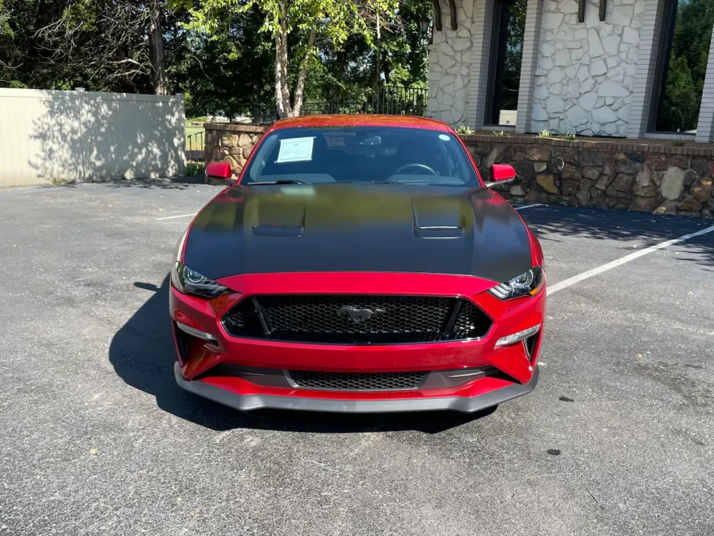 Front view of a 2020 Ford Mustang GT with Roush Phase 2 supercharger package in red.