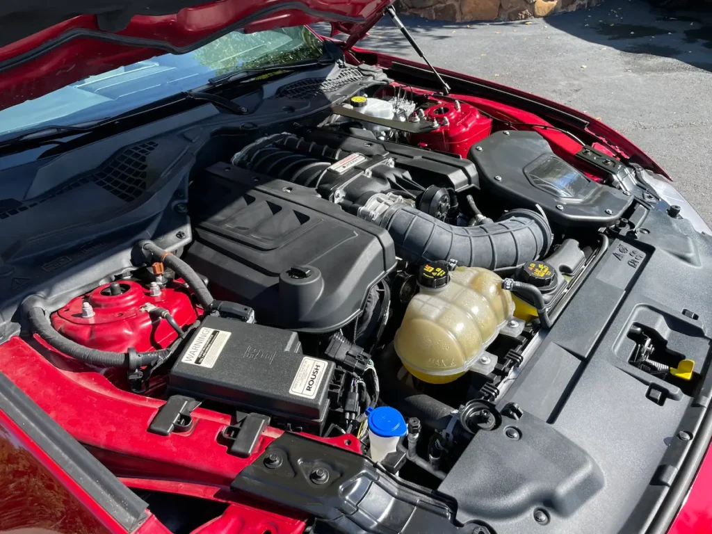 Supercharged 2020 Ford Mustang GT engine bay with Roush Phase 2 upgrade.