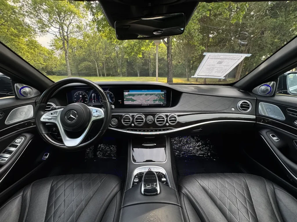 2020 Mercedes-Benz S650 Maybach front interior with diamond-stitched leather seats and digital display.