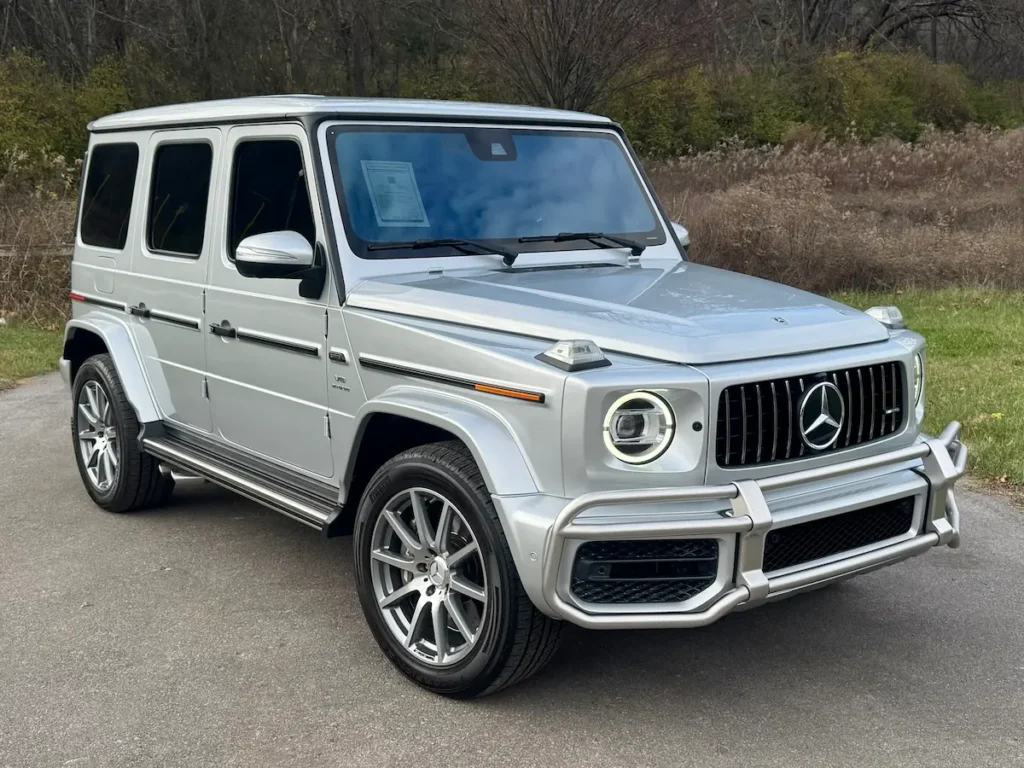 2021 Mercedes-AMG G 63 silver SUV front exterior view with AMG grille