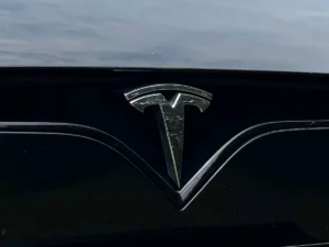 Close-up of front Tesla emblem on 2021 Tesla Model S Plaid