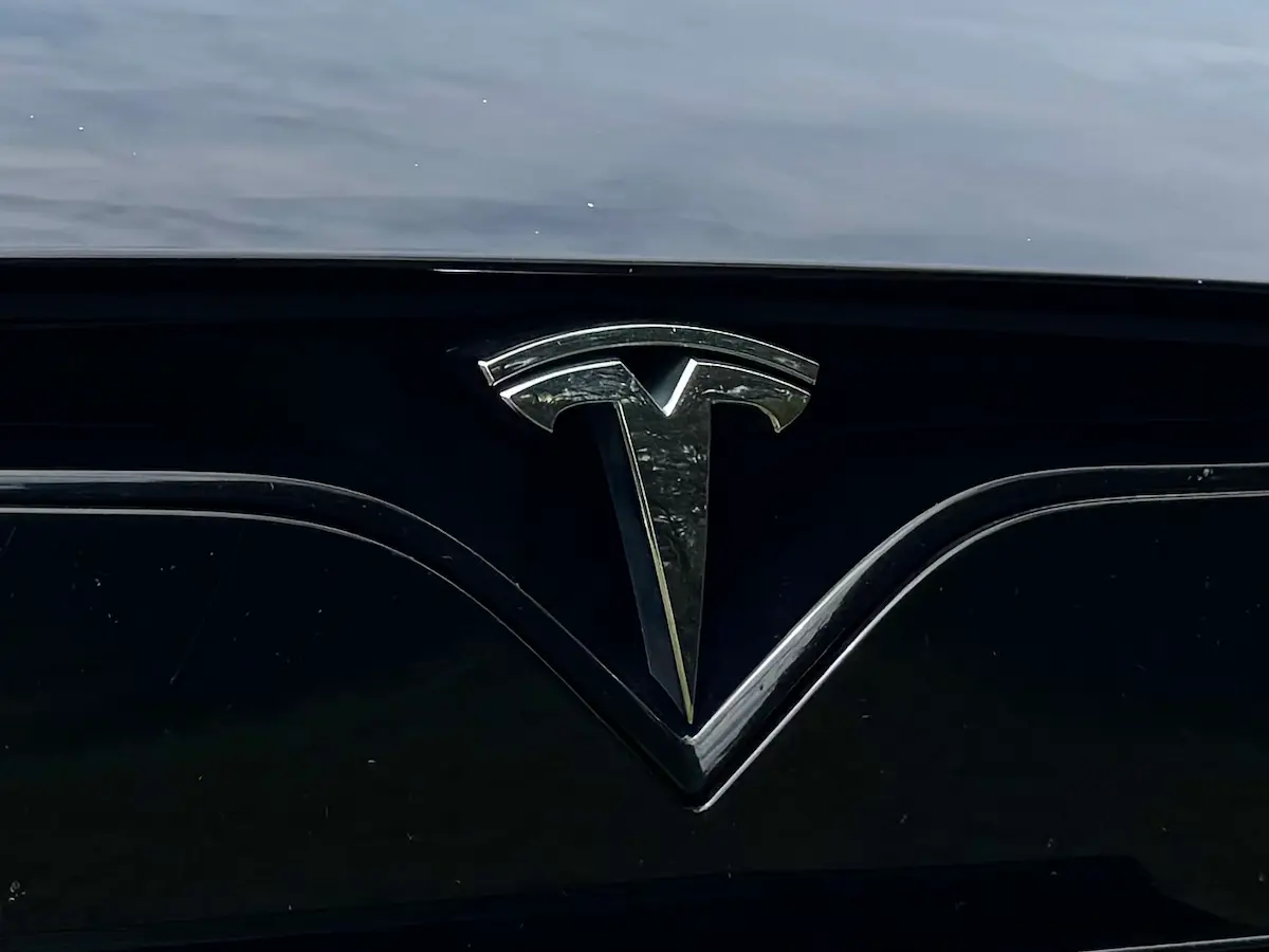 Close-up of front Tesla emblem on 2021 Tesla Model S Plaid
