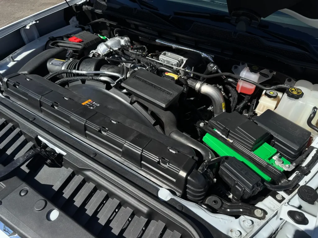 Duramax diesel engine under the hood of the 2022 Chevrolet Silverado 2500HD LTZ.