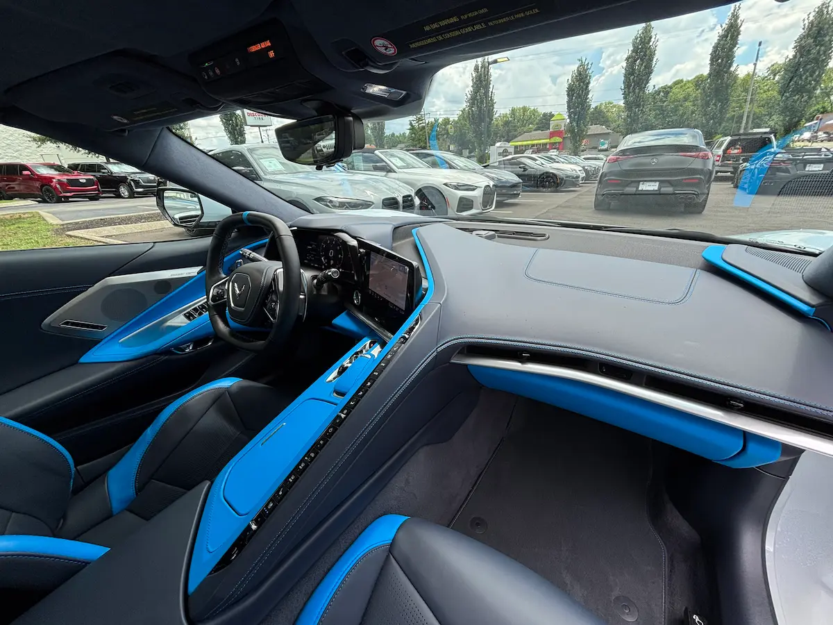 Blue leather interior of a 2022 Chevrolet Corvette Stingray 3LT