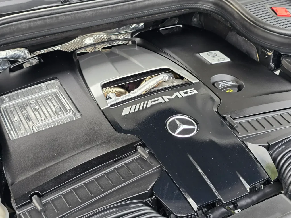 Mercedes-Benz GLS 63 AMG engine bay featuring the handcrafted AMG 4.0L V8 Biturbo engine.