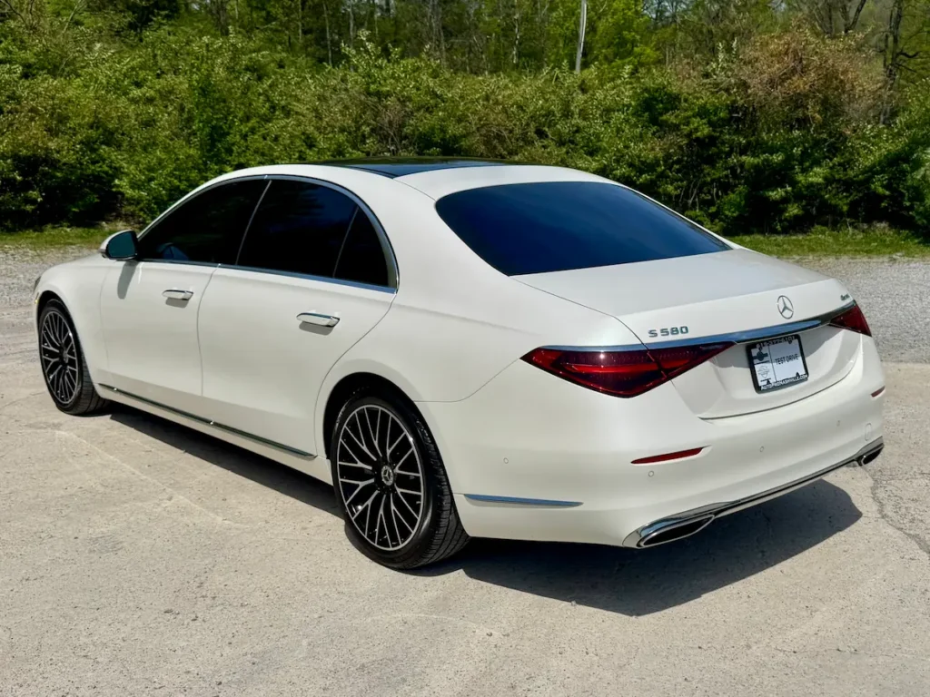 2022 Mercedes-Benz S 580 white luxury sedan rear exterior view