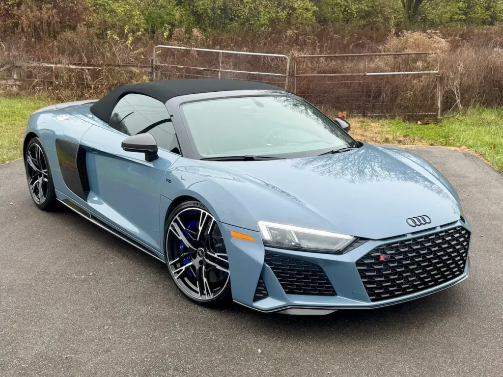 2023 Audi R8 Spyder blue front exterior, used exotic sports car example