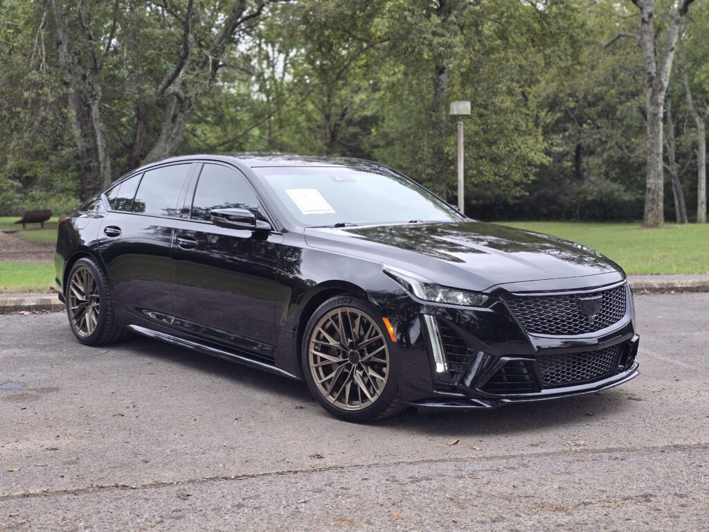 2023 Cadillac CT5-V Blackwing front exterior showing aggressive grille, LED lighting, and performance-focused styling.