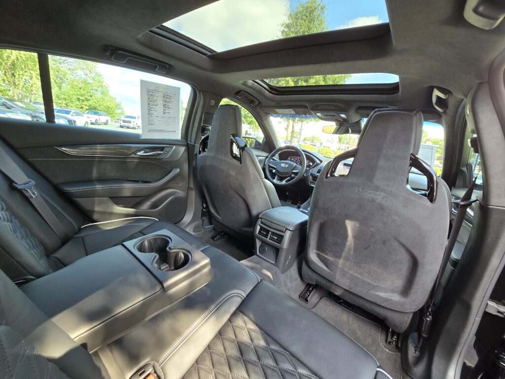 2023 Cadillac CT5-V Blackwing rear seating with quilted leather, premium stitching, and panoramic roof.