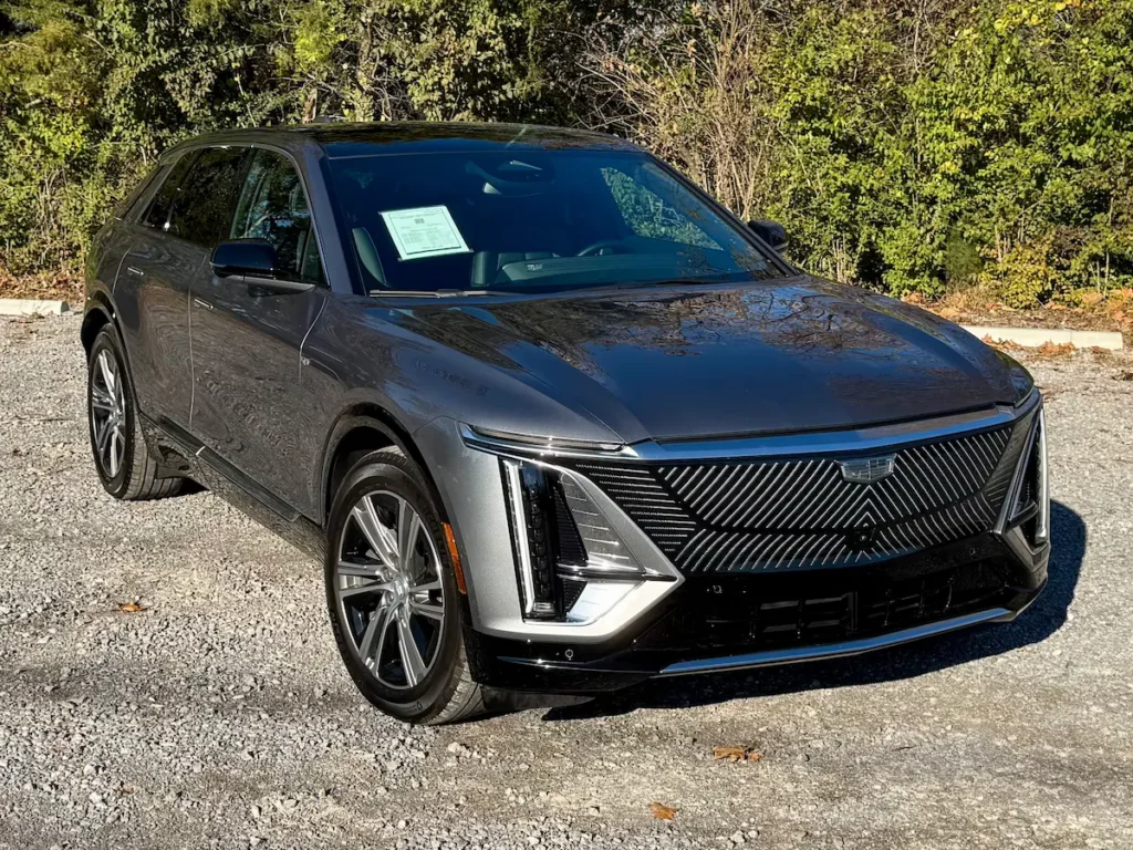 2023 Cadillac Lyriq front exterior view showcasing LED lighting, grille design, and aerodynamic body styling