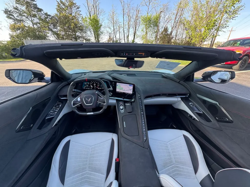 Interior cabin of a 2023 Chevrolet Corvette Z06 70th Anniversary Edition with black leather.