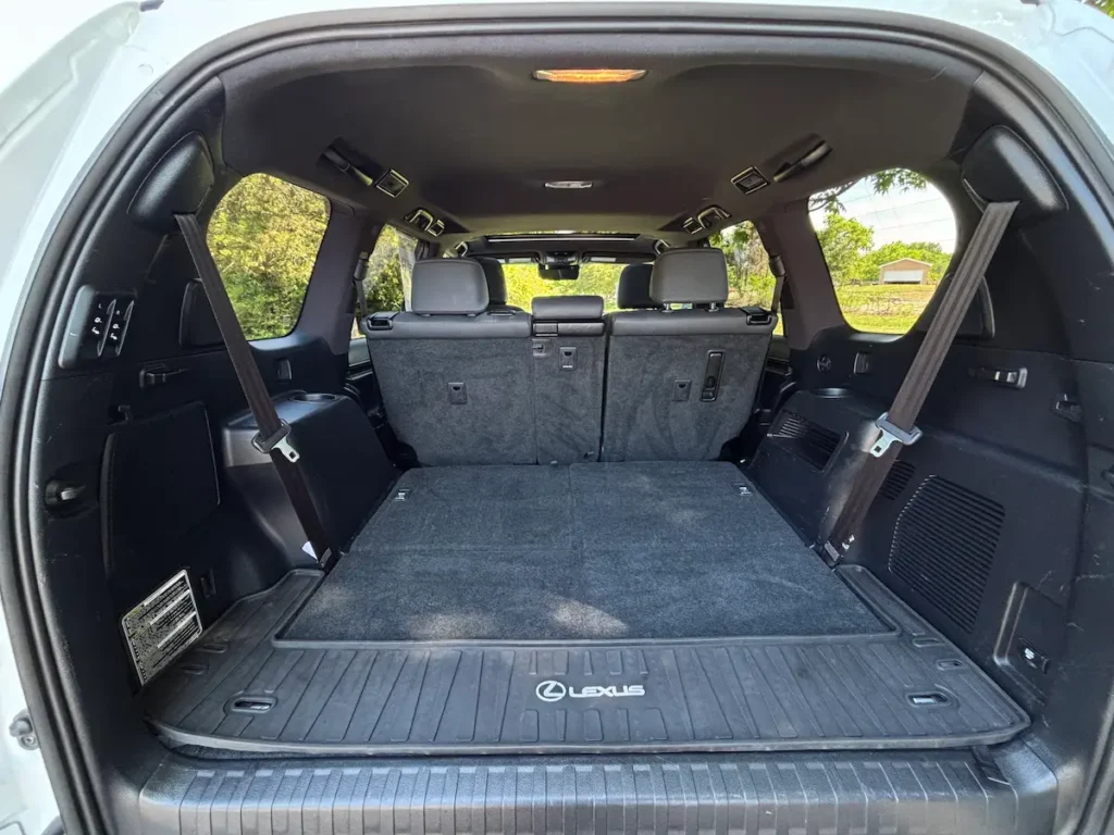 Cargo area of a 2023 Lexus GX 460 with the second-row seats upright.
