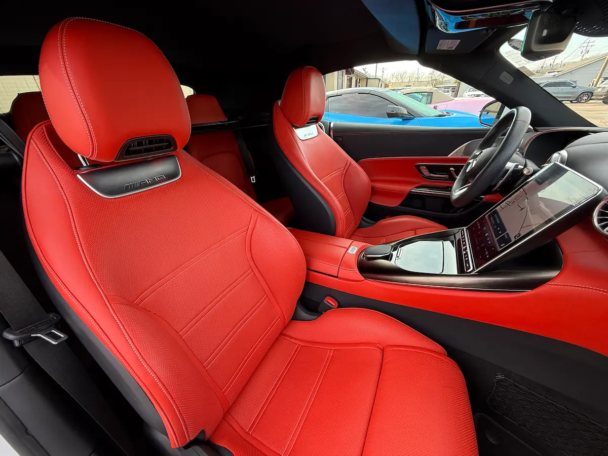 Red AMG performance seats inside a 2023 Mercedes-AMG SL43