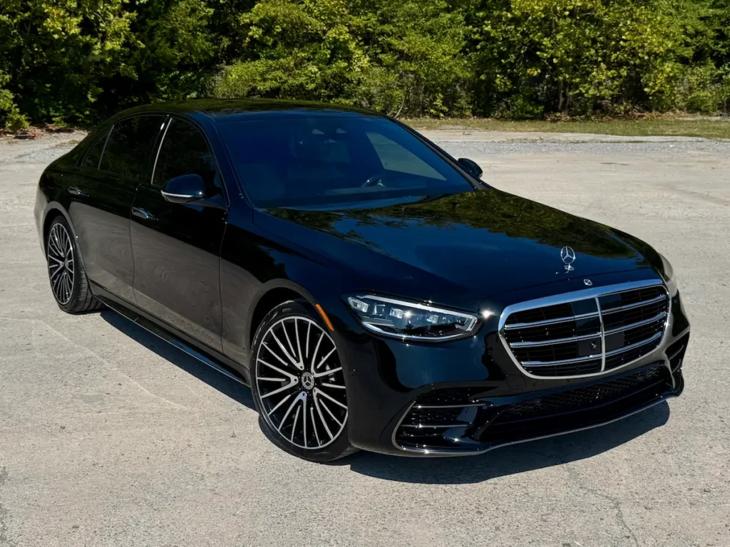 Black 2023 Mercedes-Benz S 500 luxury sedan shown from the front exterior angle