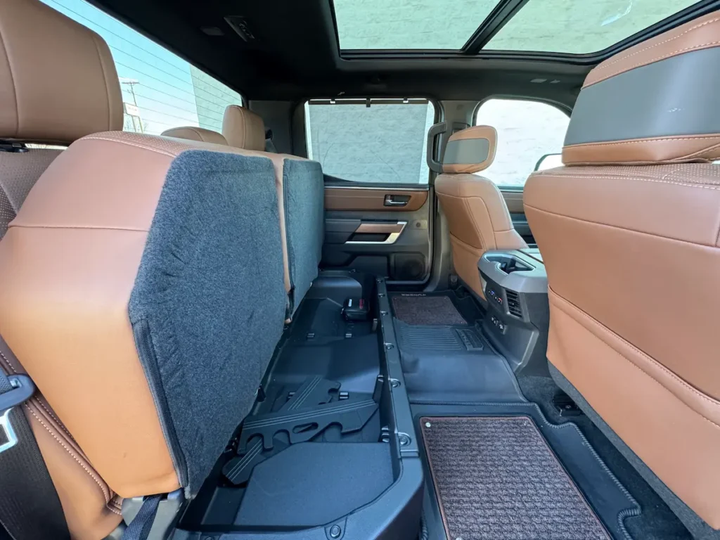 Folded rear seat interior of 2023 Toyota Tundra 1794 Edition crew cab