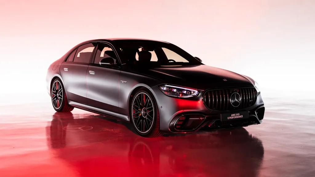 Front view of the Mercedes-AMG S63 E Performance Sedan highlighting its sleek grille and LED headlights.