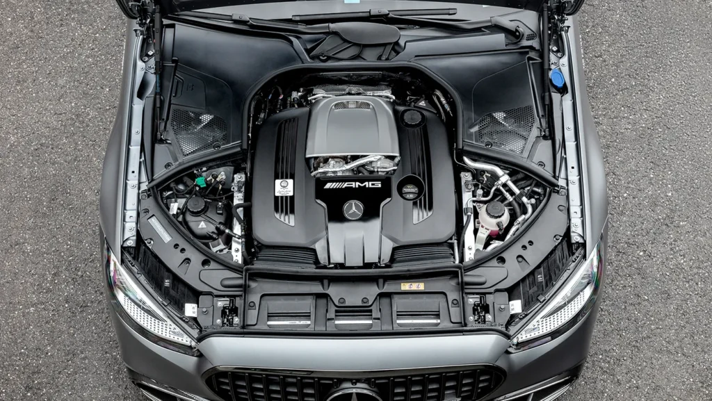 Top-down view of the Mercedes-AMG S63 E Performance engine showcasing its hybrid V8 powertrain.