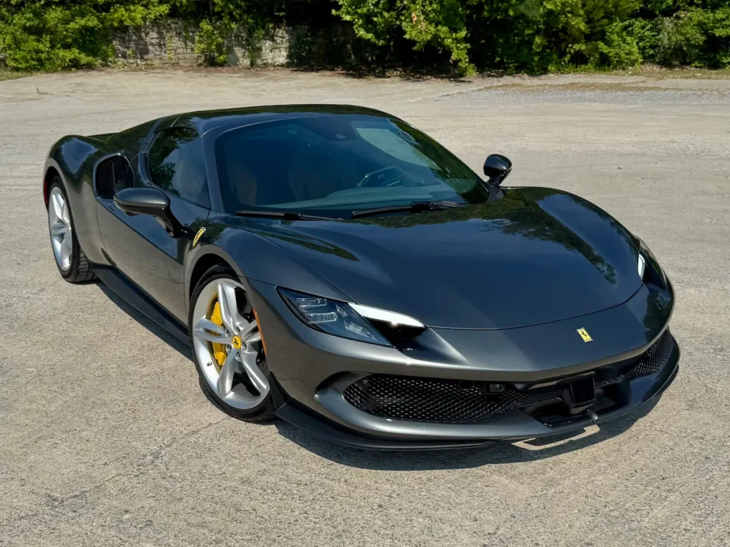 Ferrari 296 GTS front view gray hybrid supercar aerodynamic design