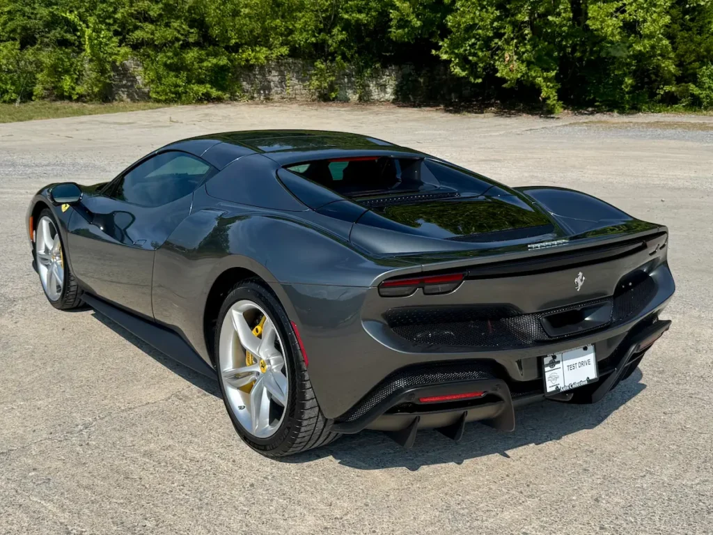Ferrari 296 GTS rear view with performance diffuser and dual exhaust