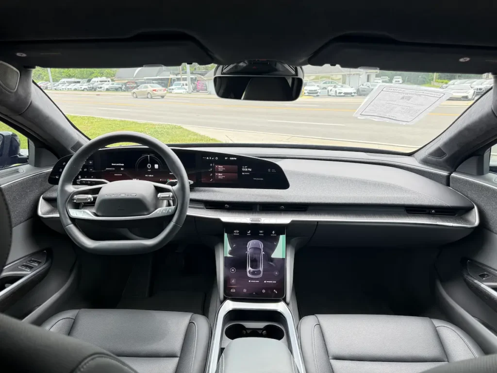 2024 Lucid Air interior showing digital dashboard, center screen, and modern EV cabin layout