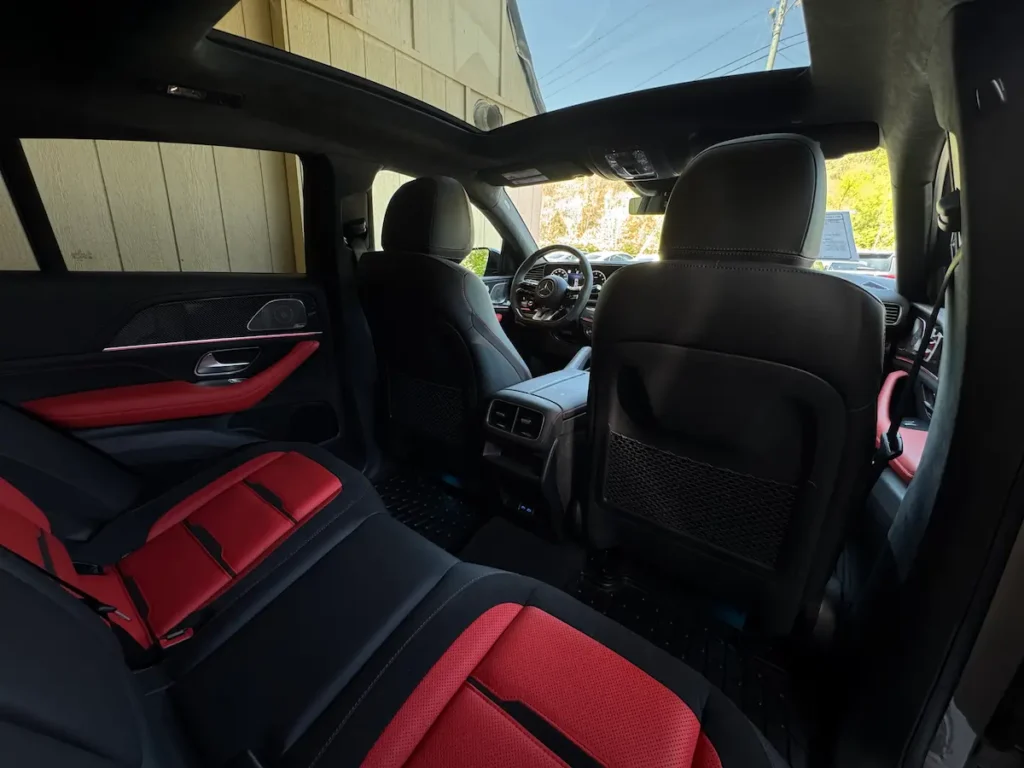 2024 Mercedes-Benz GLE 63 S rear interior with black and red luxury seating