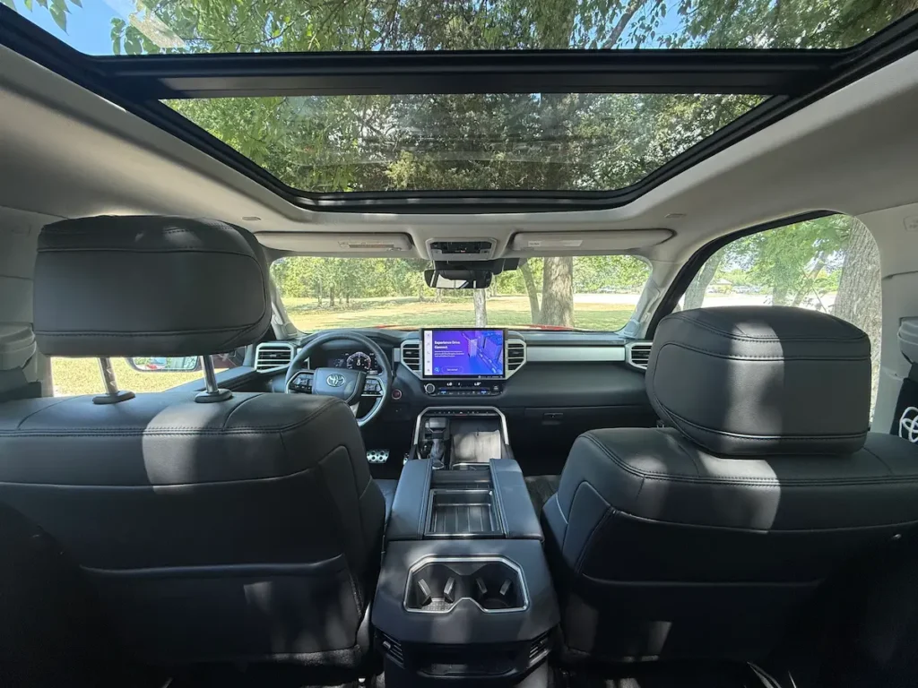 Interior view of 2024 Toyota Tundra Limited panoramic sunroof from rear seats