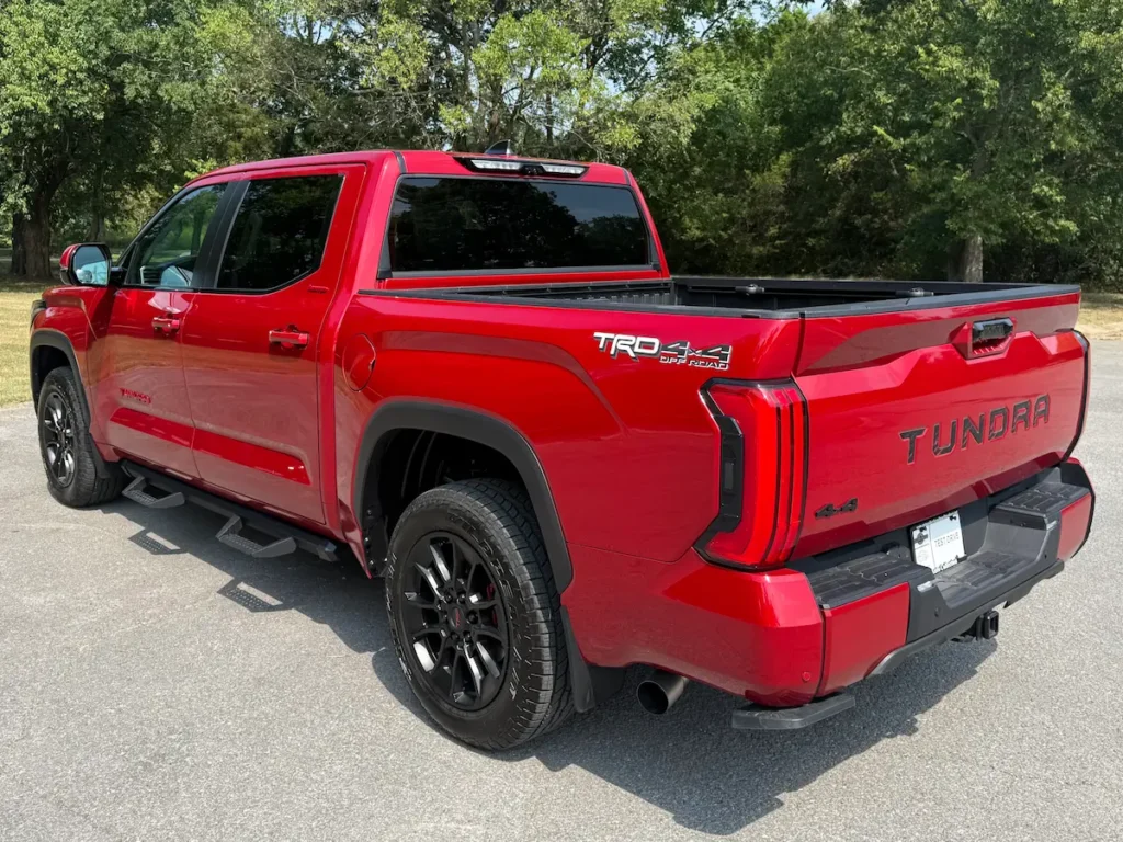 Rear three-quarter view of red 2024 Toyota Tundra Limited TRD Off-Road