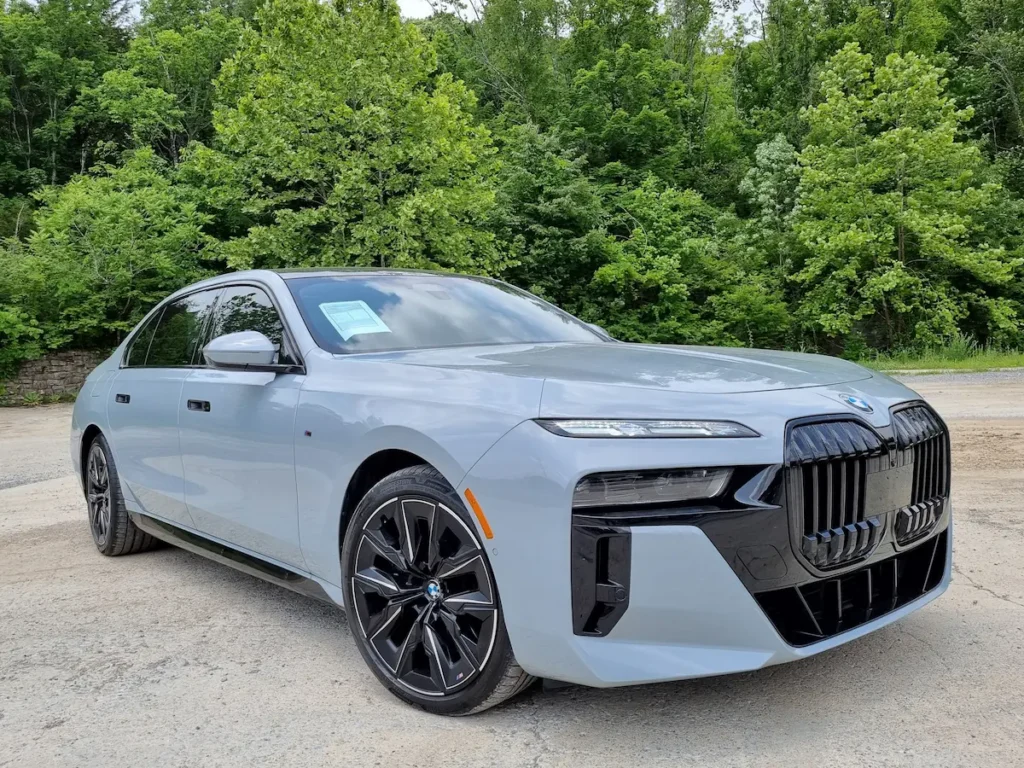 2024 BMW 760i finished in grey metallic with aerodynamic design and black grilles.