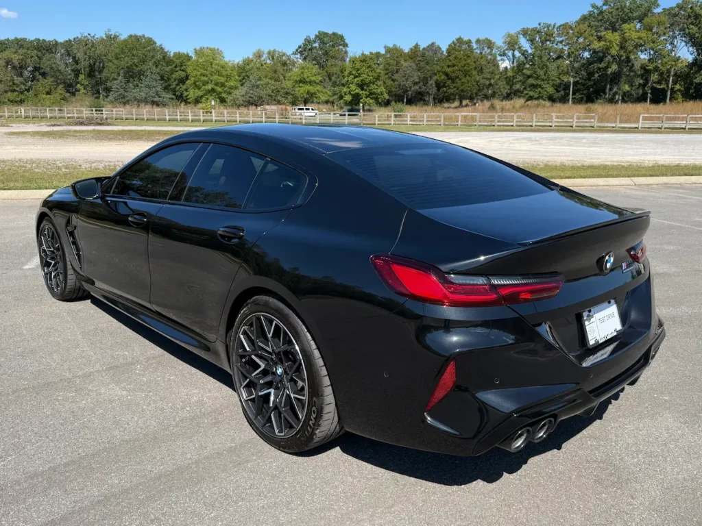 2025 BMW M8 Gran Coupe rear design featuring quad exhaust and aerodynamic styling.