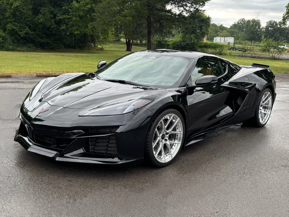 Front three-quarter view of a black 2025 Chevrolet Corvette Z06 3LZ