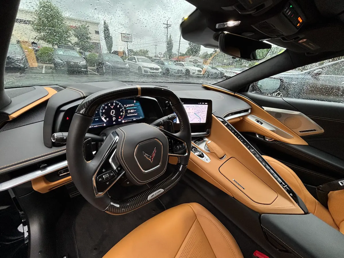 Brown leather driver cockpit of a 2025 Chevrolet Corvette Z06 3LZ