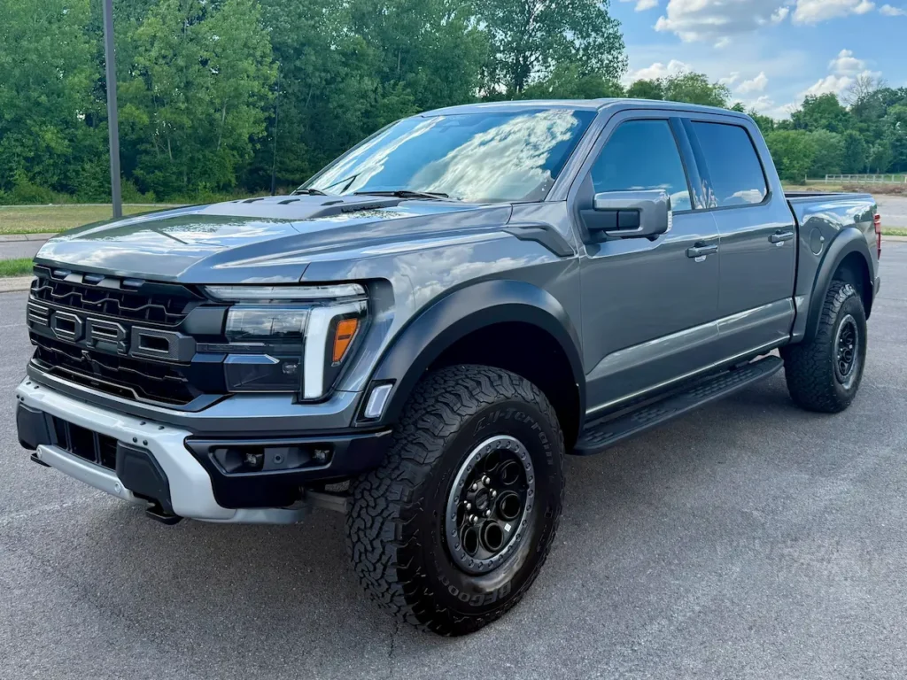Front three-quarter view of a gray 2025 Ford F-150 Raptor