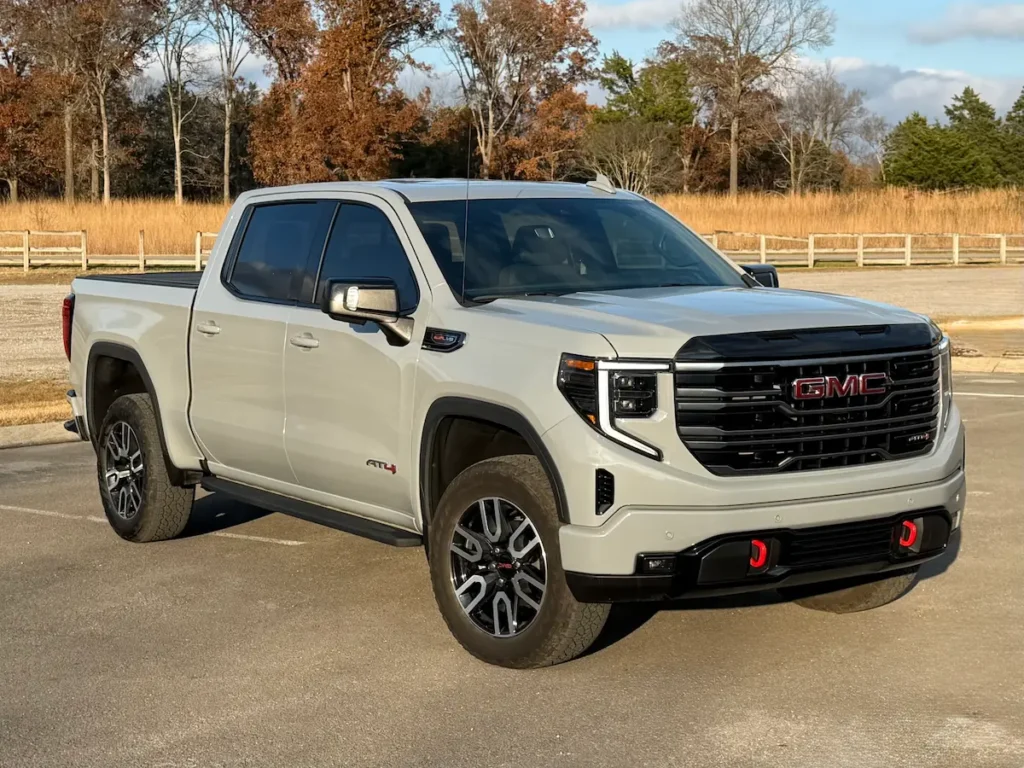 Front exterior view of a gray 2025 GMC Sierra 1500 AT4 with off-road styling at AutoPro Nashville.