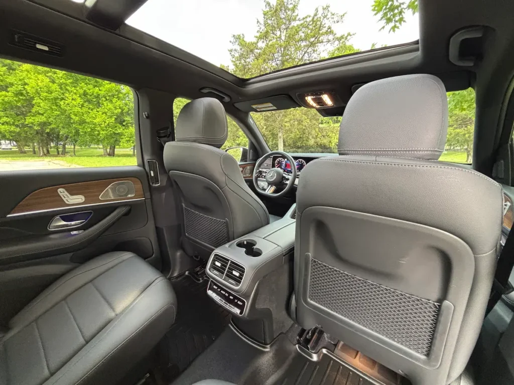 2025 Mercedes-Benz GLS 450 second-row seating with rear climate controls and panoramic roof