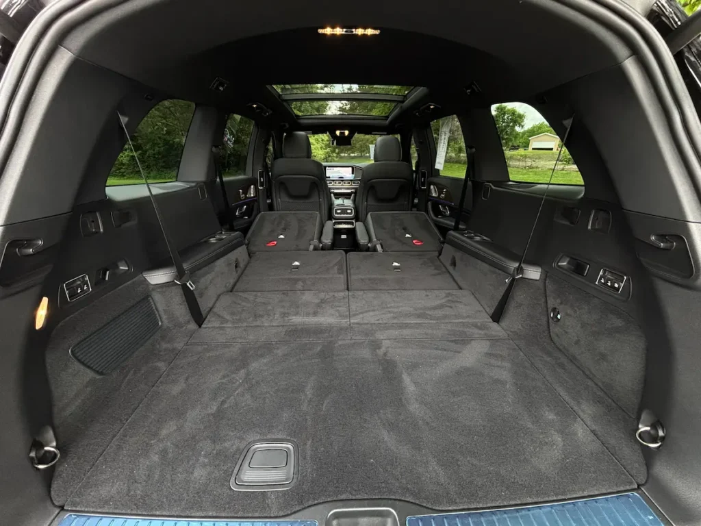 2025 Mercedes-Benz GLS 450 cargo area with rear seats folded for added storage space