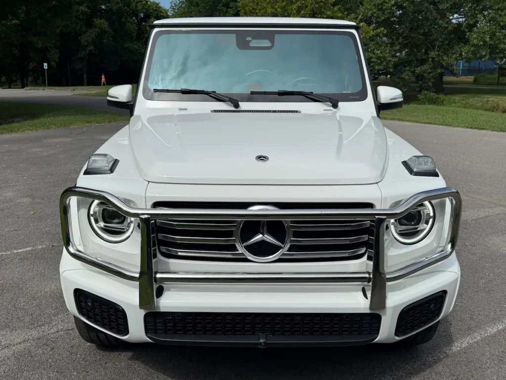 2025 Mercedes-Benz G550 front view with chrome grille guard and LED headlights