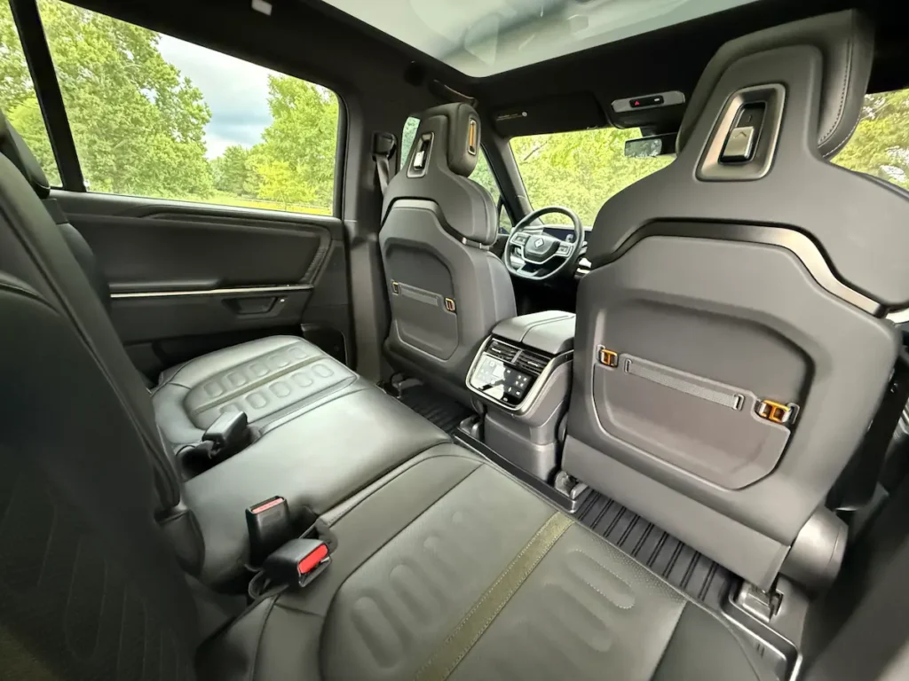 Second-row seating inside a 2025 Rivian R1S electric three-row SUV