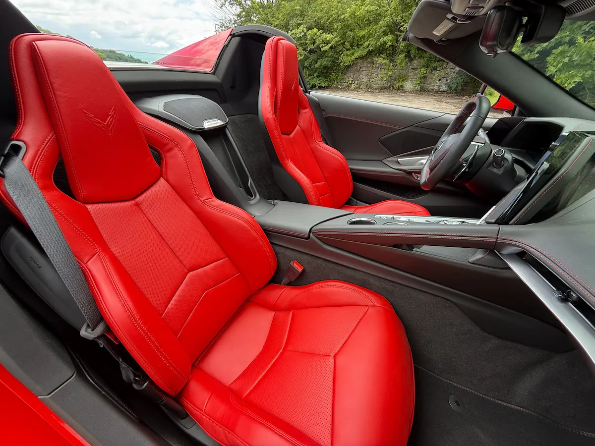 Red sport seats in a 2026 Chevrolet Corvette Stingray 1LT convertible