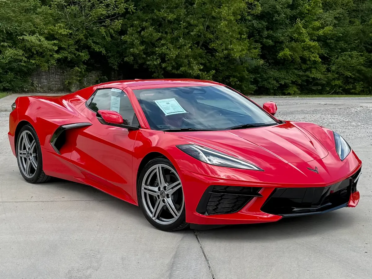 Front view of a red 2026 Chevrolet Corvette Stingray 1LT convertible