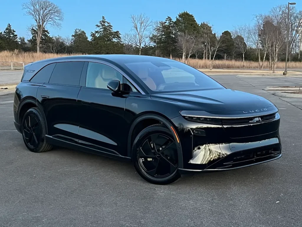 Black 2026 Lucid Gravity luxury electric SUV shown from the front exterior angle
