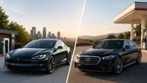 Used luxury EV and gas luxury car shown side by side for an ownership comparison