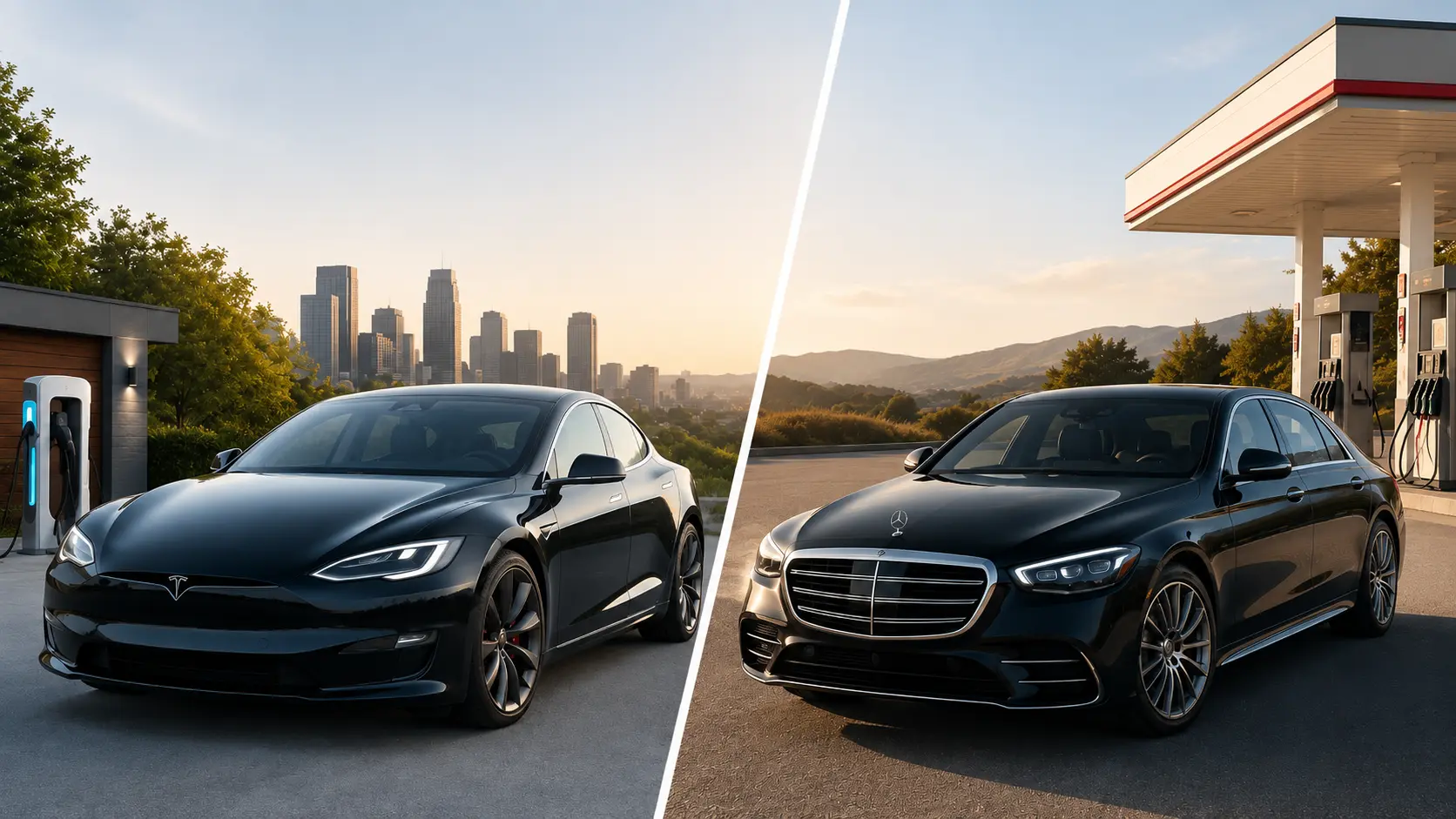 Used luxury EV and gas luxury car shown side by side for an ownership comparison