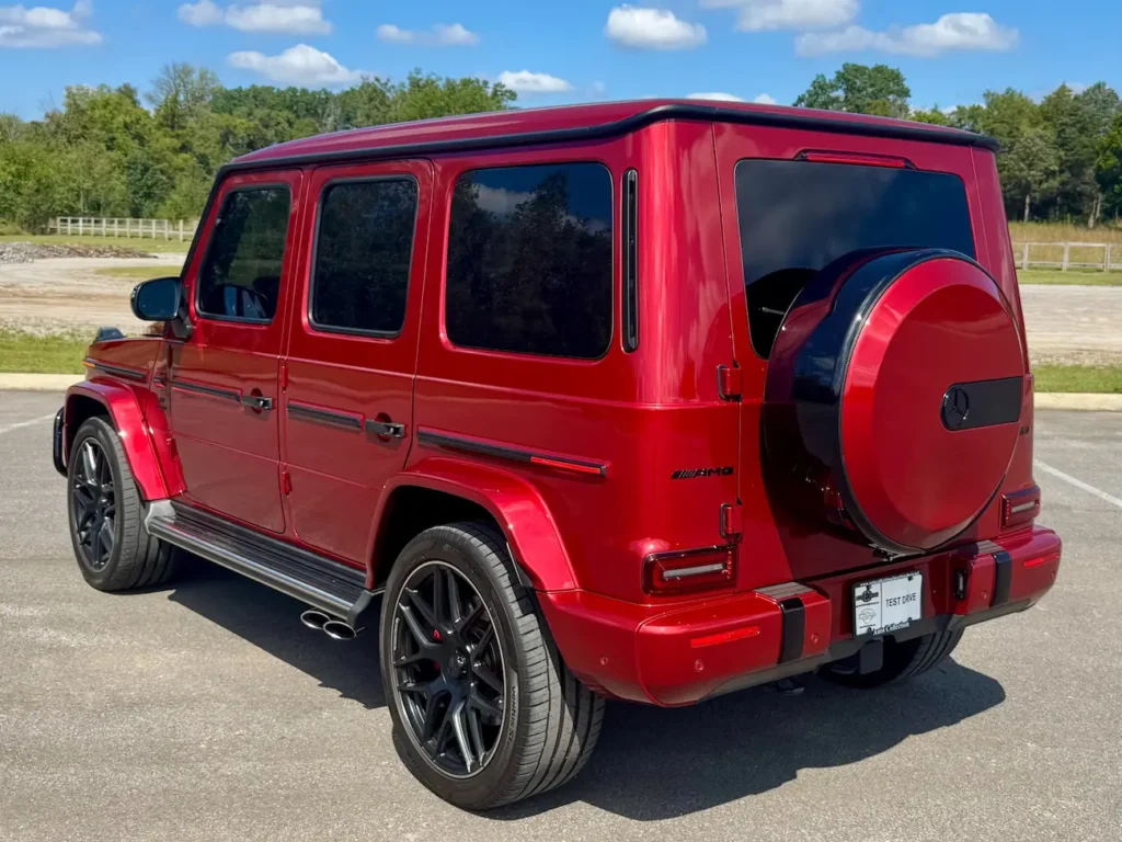 Rear exterior of Mercedes-Benz G63 AMG in red with Night Package styling
