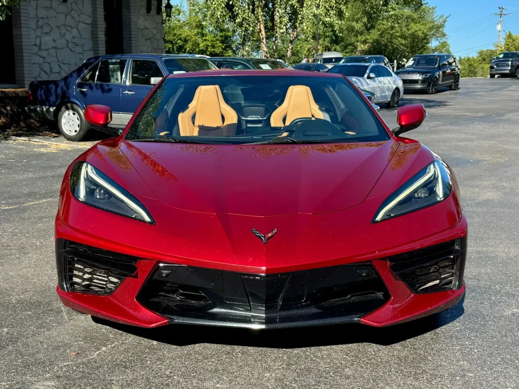 Front view of a red 2021 Chevrolet Corvette Stingray Coupe 2LT parked at AutoPro Nashville.